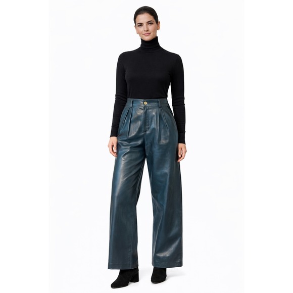 Simon Miller Leather Pants Blue Green High Waist Pleated Wide Leg waist 27